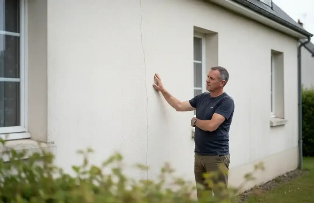 Un homme se tient à l'extérieur d'une maison à Blois, examinant une longue fissure verticale sur votre façade près d'une fenêtre, avec de la verdure visible au premier plan.