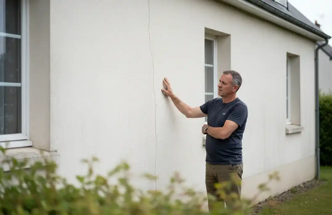 Un homme se tient à l'extérieur d'une maison à Blois, examinant une longue fissure verticale sur votre façade près d'une fenêtre, avec de la verdure visible au premier plan.