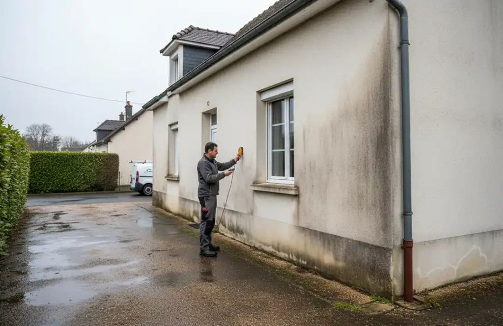 Une personne en tenue de travail utilise un appareil portatif pour inspecter ou nettoyer le mur extérieur d'une maison, où l'humidité sur les murs extérieurs à Blois est évidente avec des taches sombres et des moisissures visibles. Une camionnette blanche est garée à proximité, dans une allée humide.