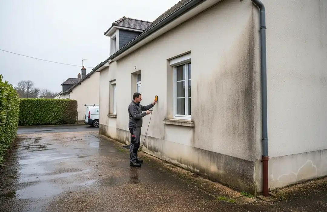 Une personne en tenue de travail utilise un appareil portatif pour inspecter ou nettoyer le mur extérieur d'une maison, où l'humidité sur les murs extérieurs à Blois est évidente avec des taches sombres et des moisissures visibles. Une camionnette blanche est garée à proximité, dans une allée humide.