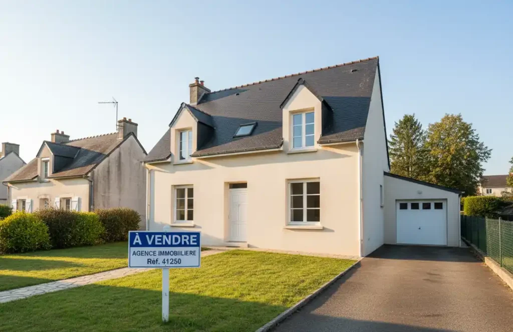 Une maison moderne de deux étages avec un toit en ardoise et un garage attenant est à vendre, comme l'indique un panneau "À vendre" sur la pelouse avant soigneusement entretenue. Cette maison de couleur crème à vendre dans le 41 offre à la fois confort et style.