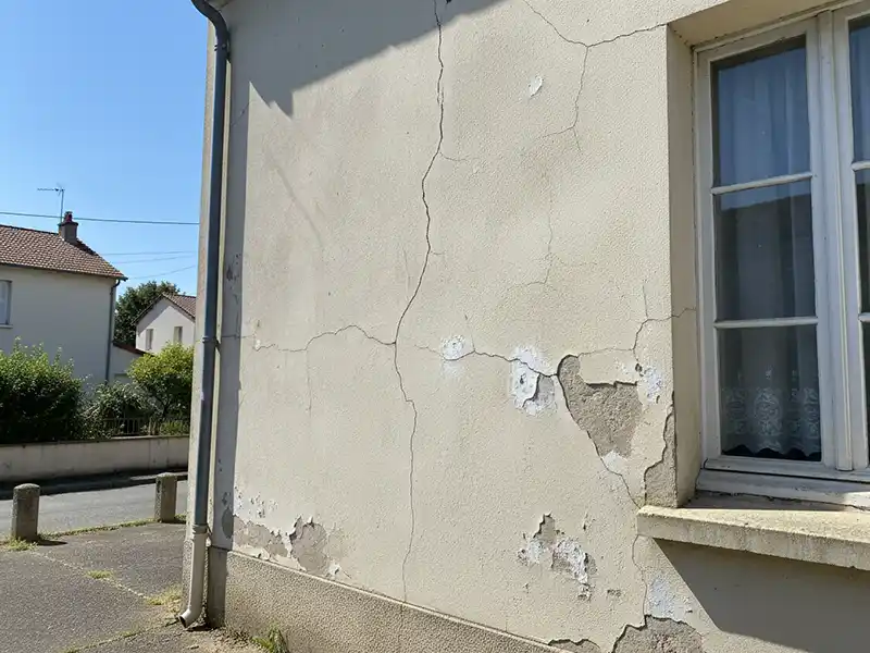 Un mur extérieur beige avec des fissures visibles et une peinture écaillée près d'une fenêtre présente des signes d'altération et de dommages, indiquant la nécessité d'une réparation et d'un traitement des fissures. Un trottoir et une rue se trouvent à l'arrière-plan.